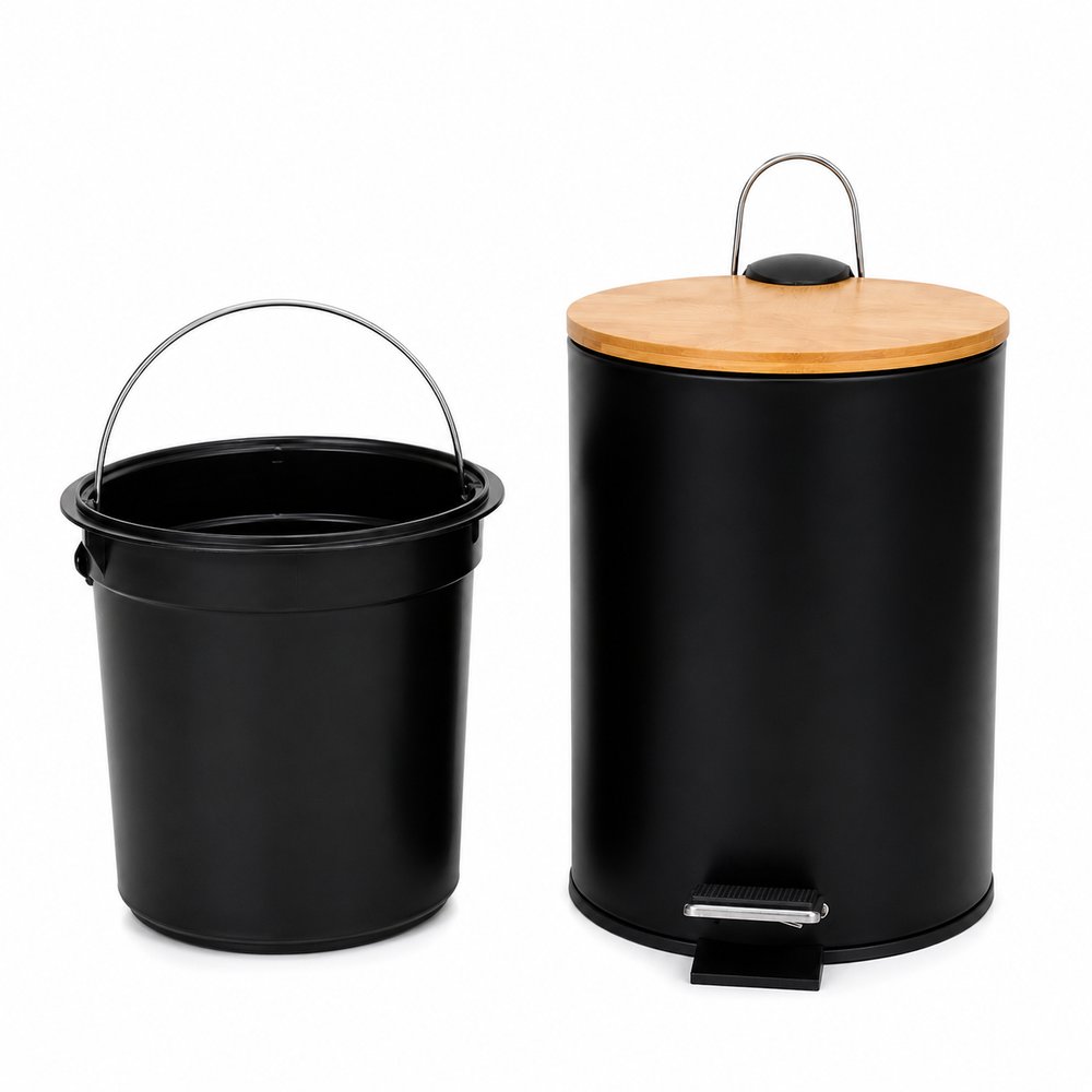 Lixeira Pedal 5L Preta Tampa Bambu Banheiro Cozinha Moderna