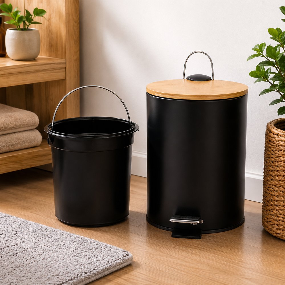 Lixeira Pedal 5L Preta Tampa Bambu Banheiro Cozinha Moderna
