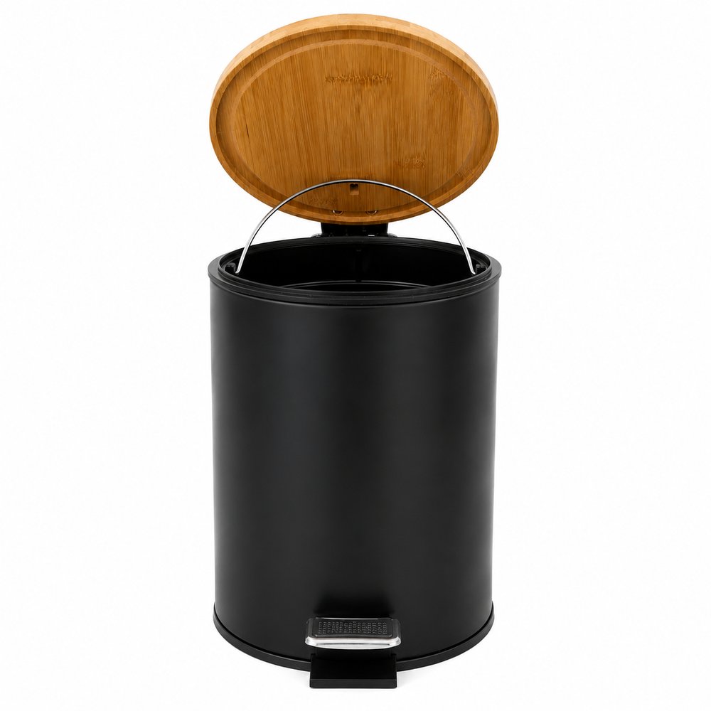 Lixeira Pedal 5L Preta Tampa Bambu Banheiro Cozinha Moderna