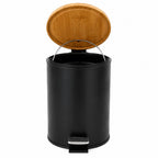 Lixeira Pedal 5L Preta Tampa Bambu Banheiro Cozinha Moderna