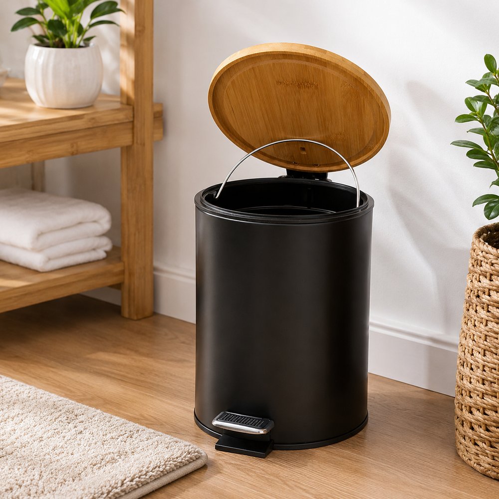 Lixeira Pedal 5L Preta Tampa Bambu Banheiro Cozinha Moderna