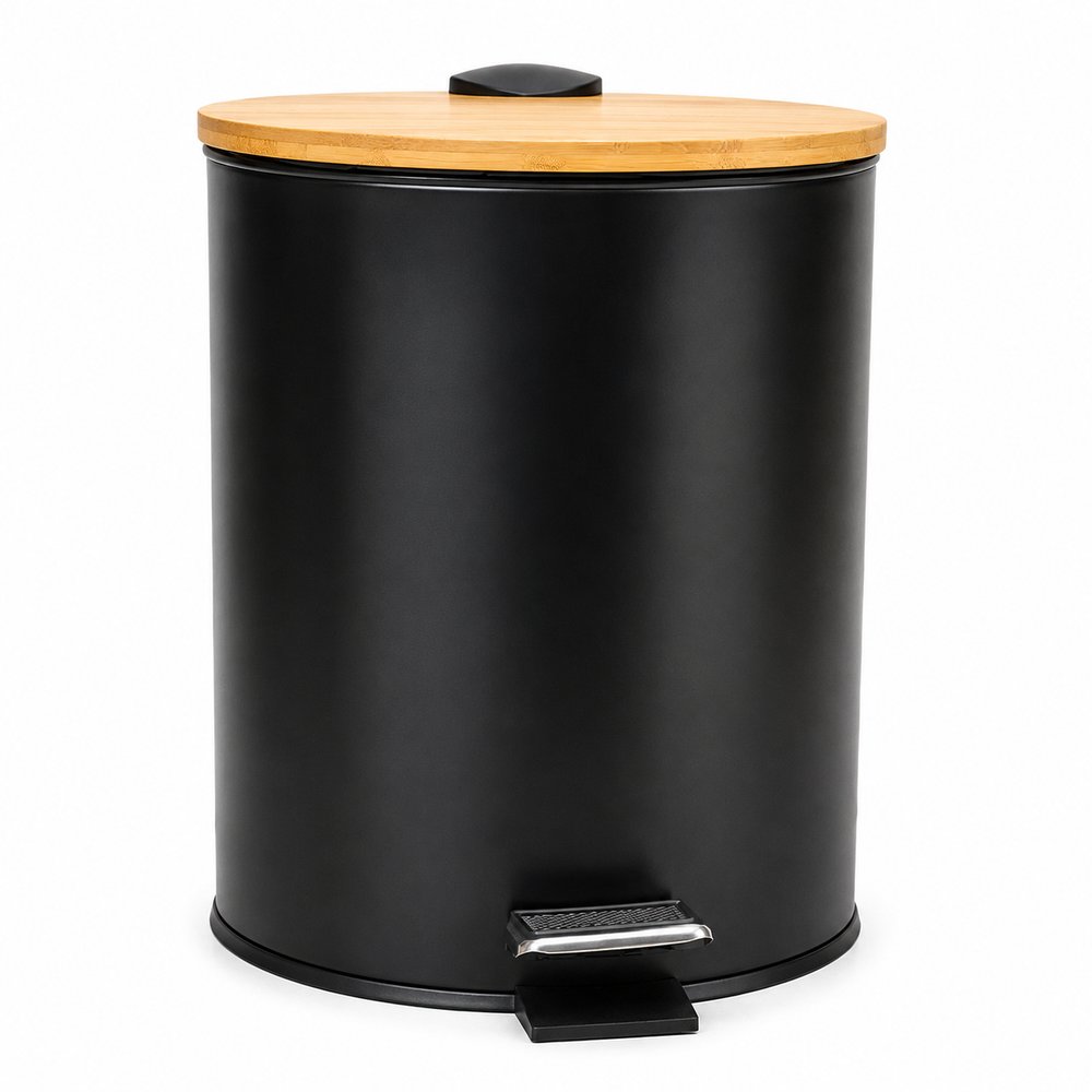 Lixeira Pedal 5L Preta Tampa Bambu Banheiro Cozinha Moderna
