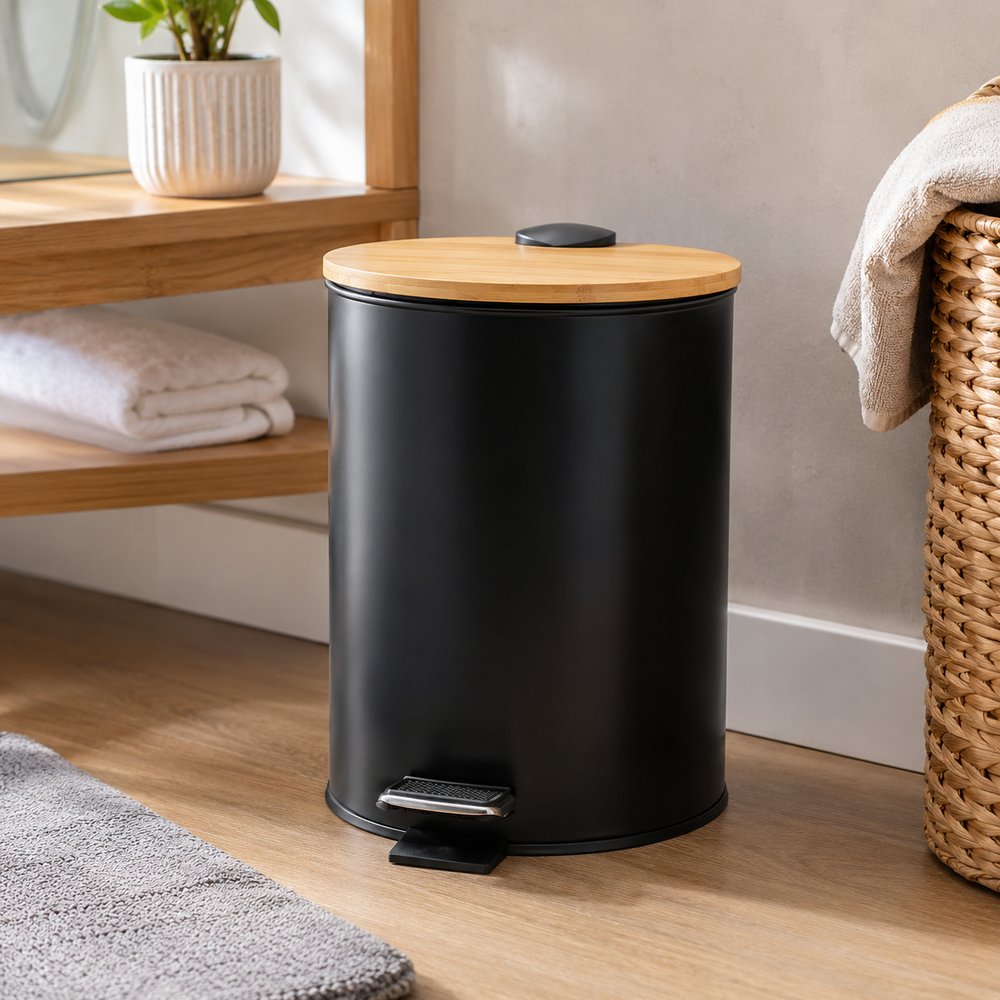 Lixeira Pedal 5L Preta Tampa Bambu Banheiro Cozinha Moderna