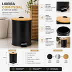 Lixeira Pedal 5L Preta Tampa Bambu Banheiro Cozinha Moderna