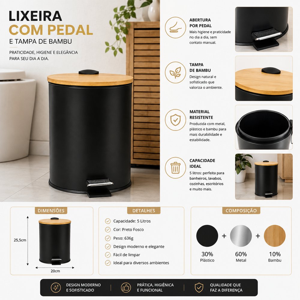 Lixeira Pedal 5L Preta Tampa Bambu Banheiro Cozinha Moderna