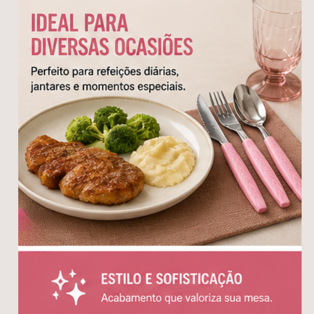 Conjunto talheres Fratelli cabo rosa resistente e durável | Lgjlima Comercio