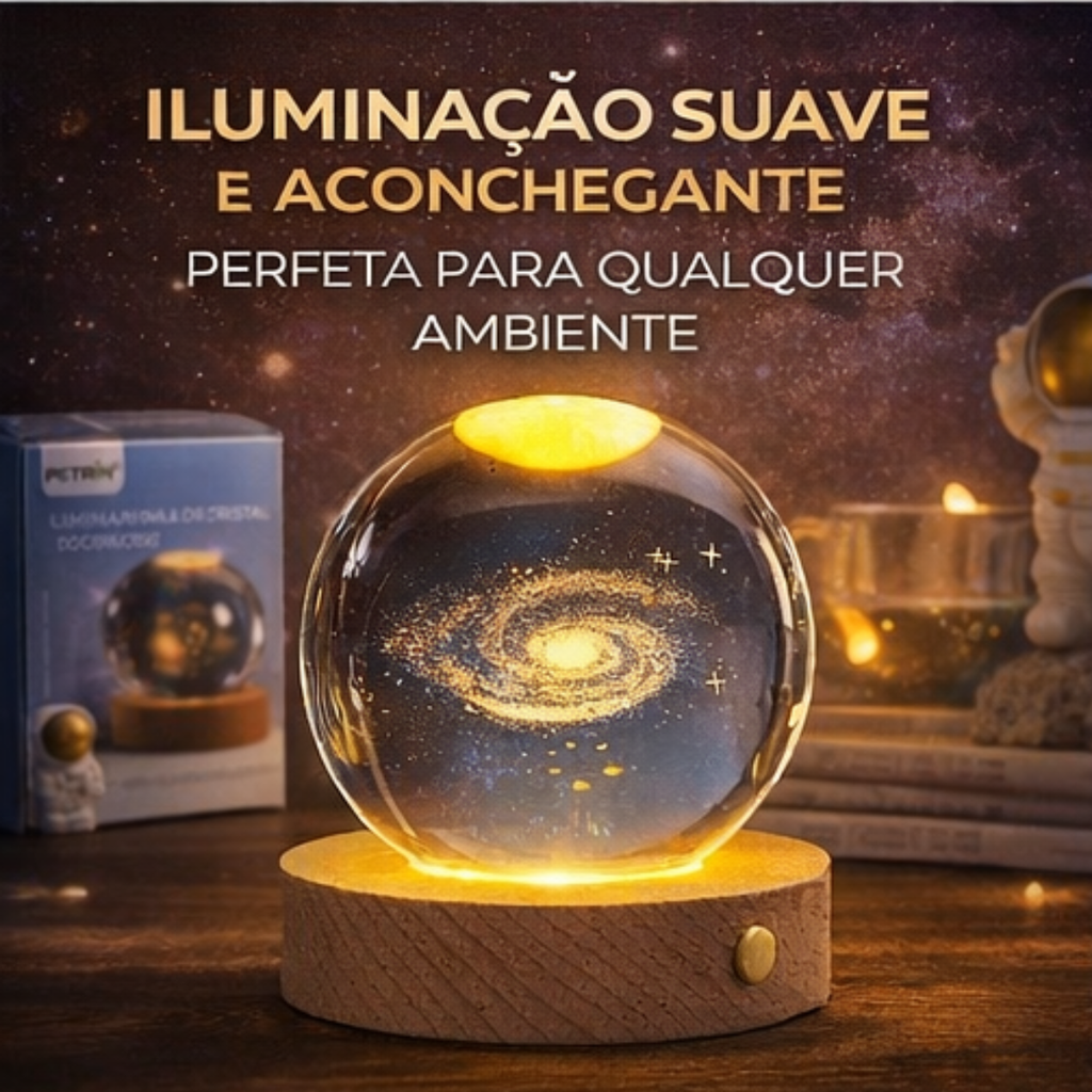 Luminária galáxia Petrin cristal transparente base madeira | Lgjlima Comercio