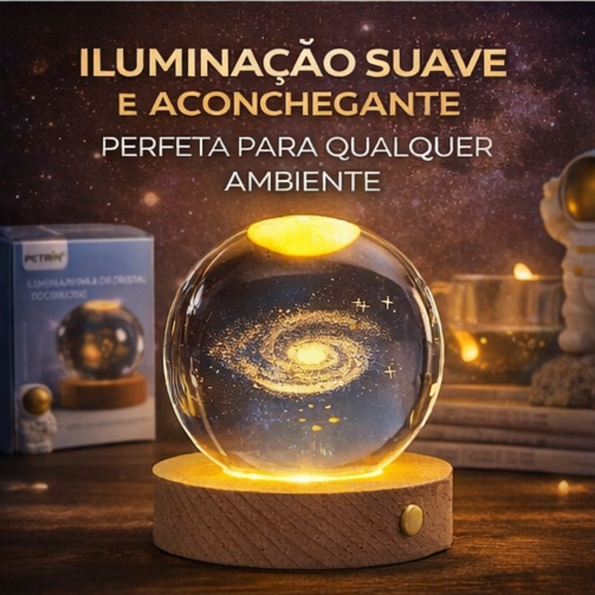Luminária galáxia Petrin cristal transparente base madeira | Lgjlima Comercio