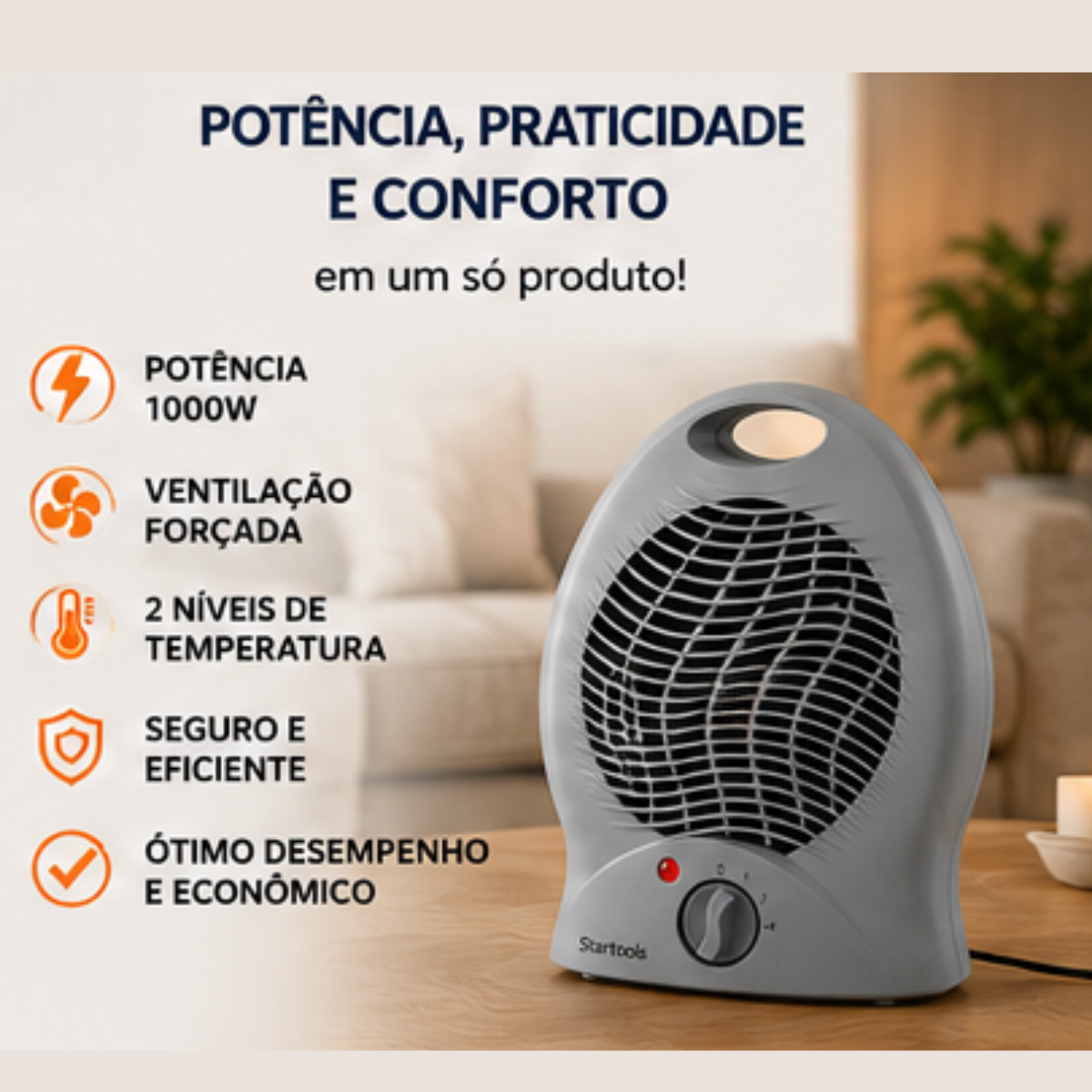 Aquecedor Elétrico Portátil 1000W 127V Ventilação Ar Startools - lgjlimacomercio