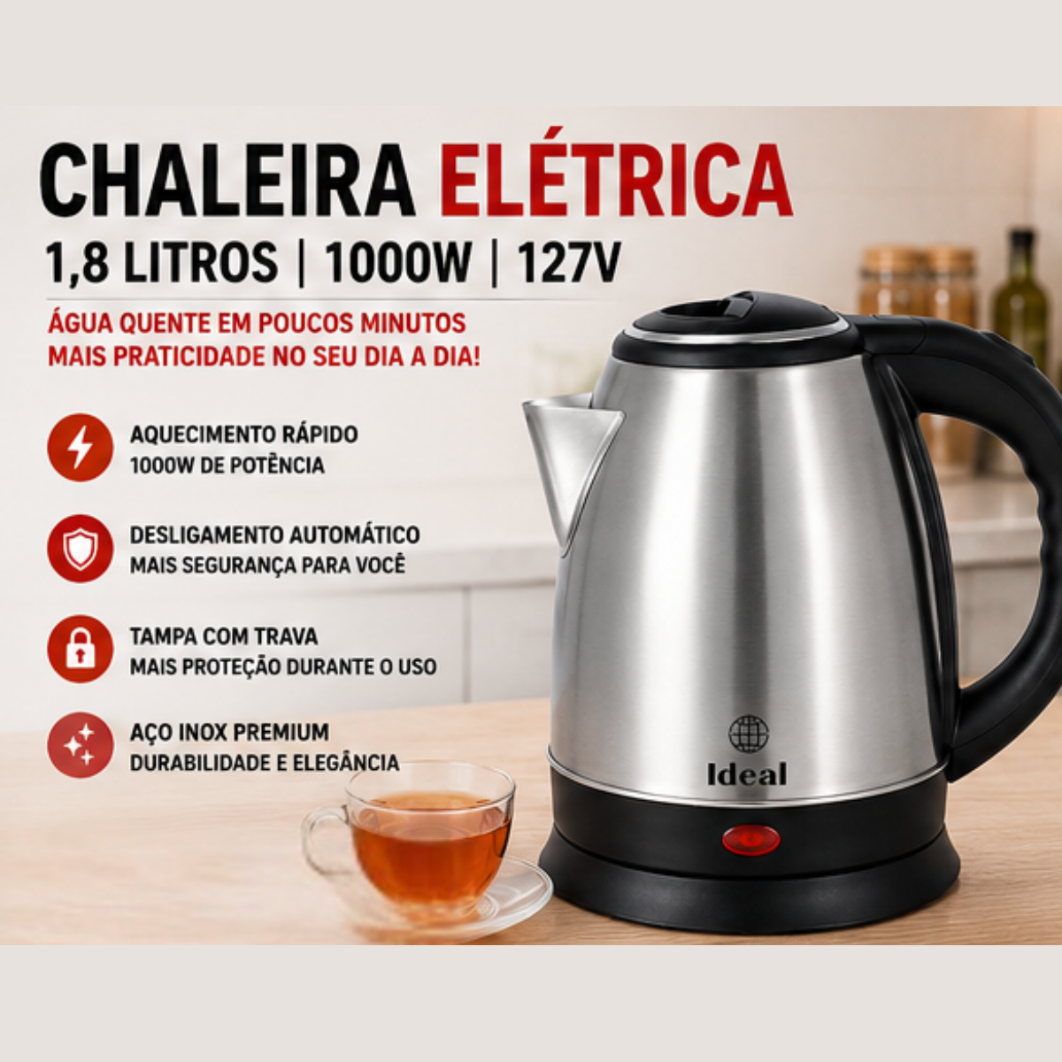 Chaleira Elétrica 1.8Lts 1000W 127V Inox - lgjlimacomercio