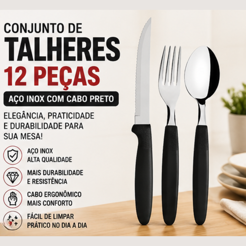Talheres inox cabo preto Fratelli garfos facas e colheres | Lgjlima Comercio