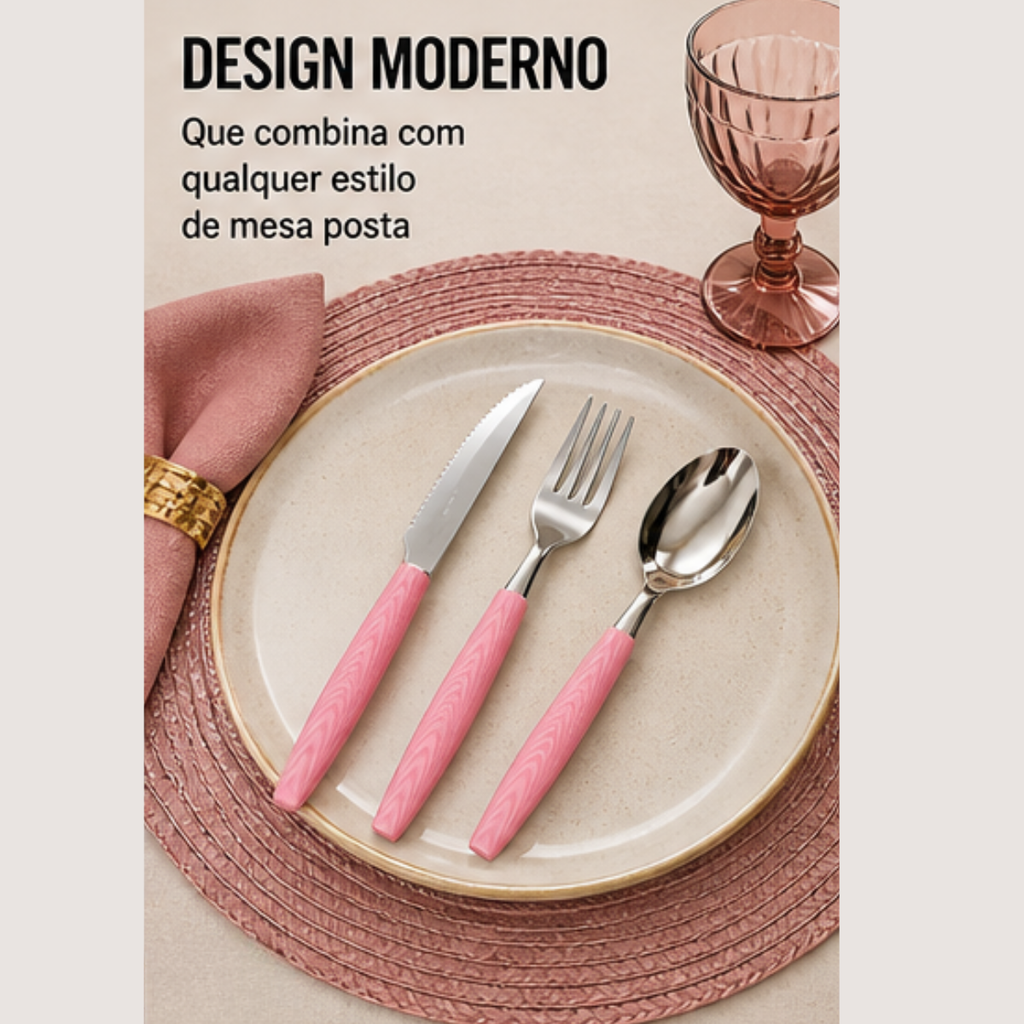 Talheres Fratelli cabo rosa 12 peças fácil de limpar | Lgjlima Comercio