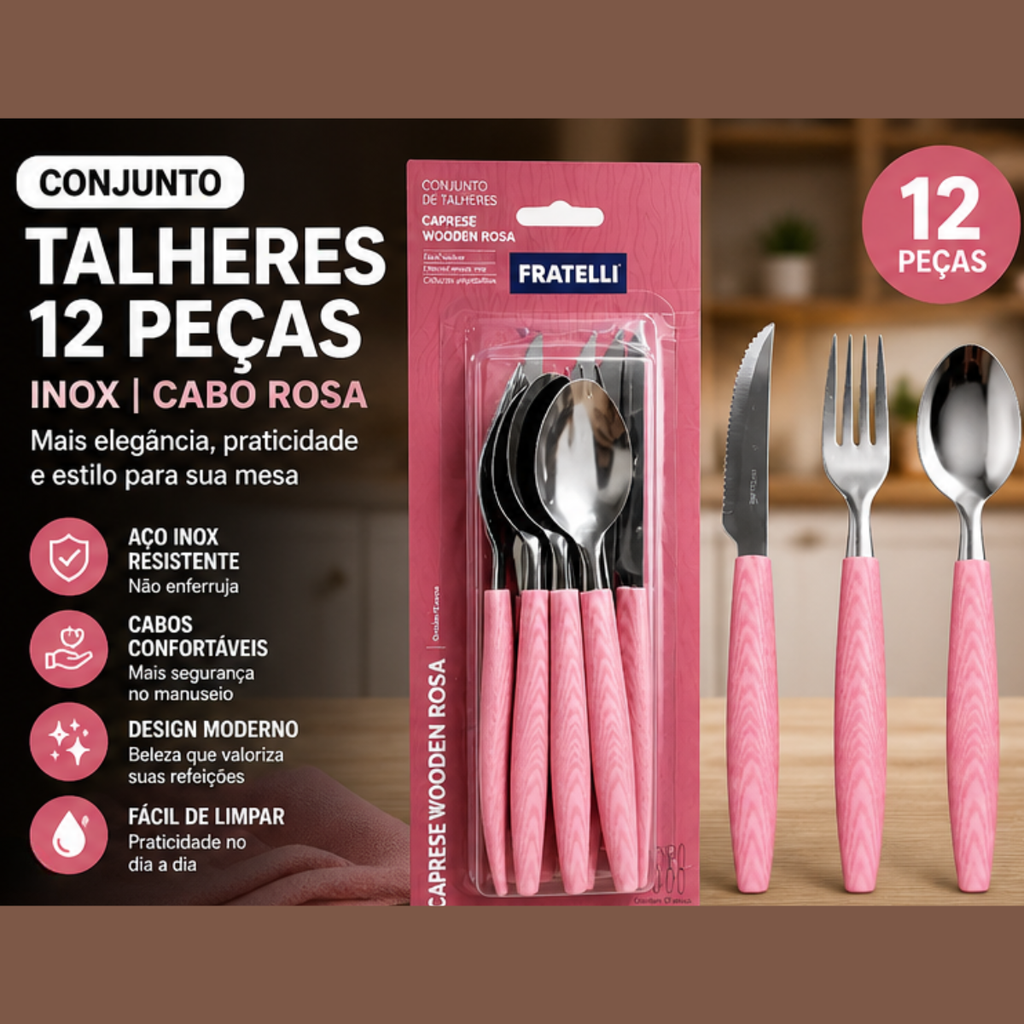 Talheres inox cabo rosa Fratelli garfos facas e colheres | Lgjlima Comercio