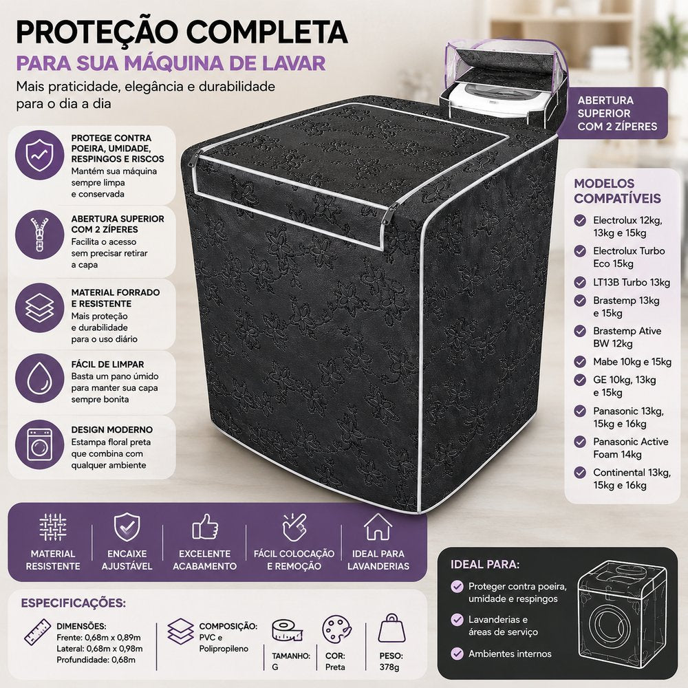Capa Para Máquina de Lavar Forrada Com Zíper Abertura Superior G - Preta - lgjlimacomercio