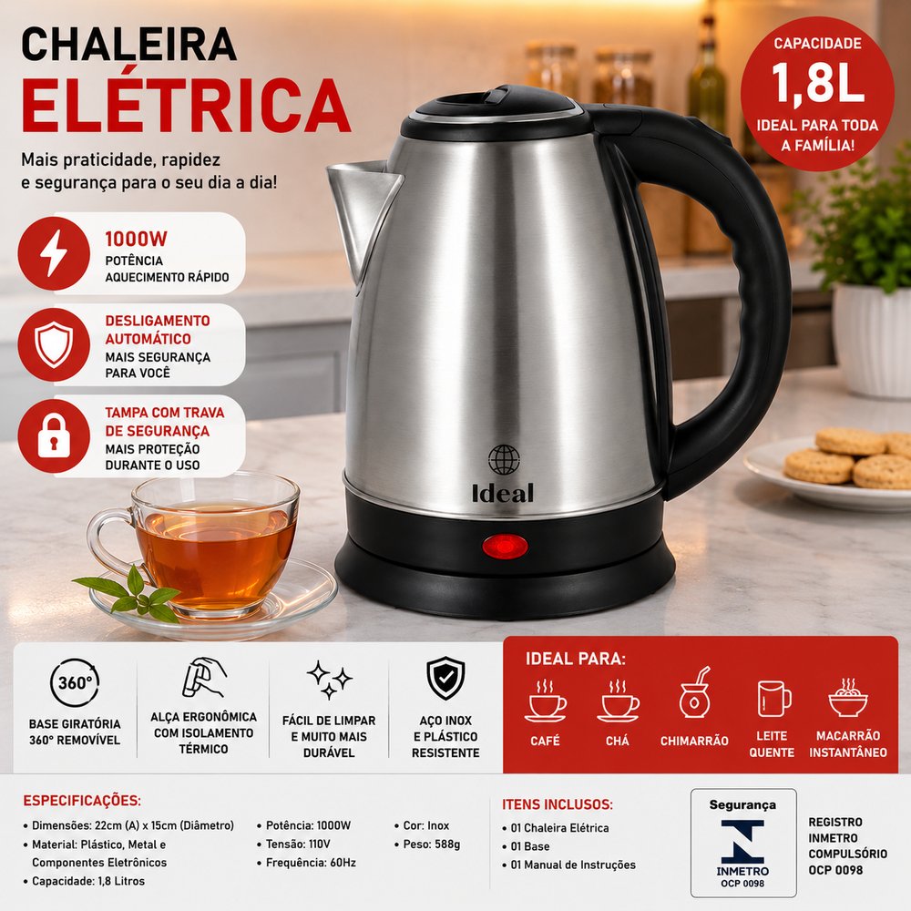 Chaleira Elétrica 1.8Lts 1000W 127V Inox - lgjlimacomercio