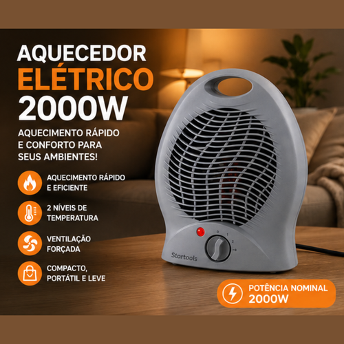 Aquecedor Elétrico 2000W 220V Portátil Cinza Quarto Sala Startools - lgjlimacomercio