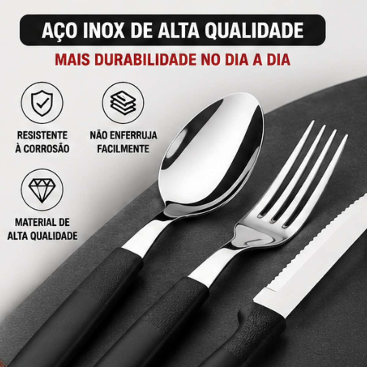Kit talheres 12 peças aço inox preto design moderno Fratelli | Lgjlima Comercio
