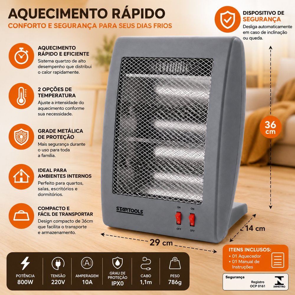 Aquecedor de Ar Quartzo 36cm 220V Cinza Startools - Detalhe Base e Dispositivo Antiqueda - lgjlimacomercio
