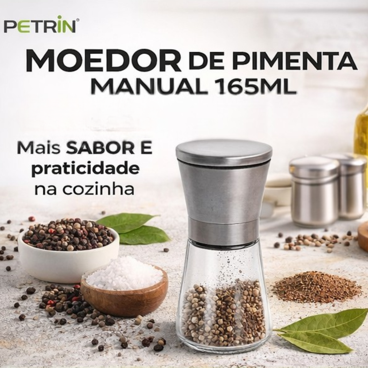 Moedor manual Petrin 165ml inox fácil de usar e limpar | Lgjlima Comercio
